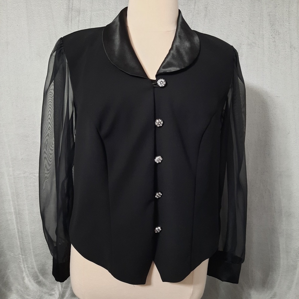Vtg Black Blouse Sheer Sleeves‎ Satin Collar Cuffs Rhinestones 16W Glam Goth 90s